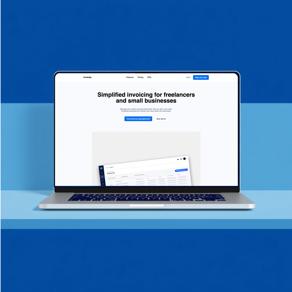 saas dashboard landing page mockup on laptop, deep blue gradient, geometric shapes, premium fintech 